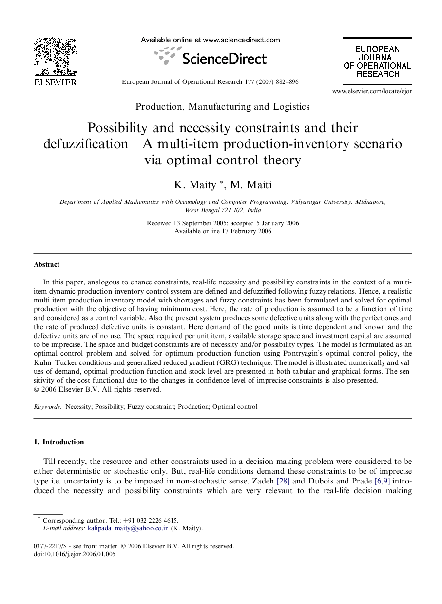 Possibility and necessity constraints and their defuzzification—A multi-item production-inventory scenario via optimal control theory