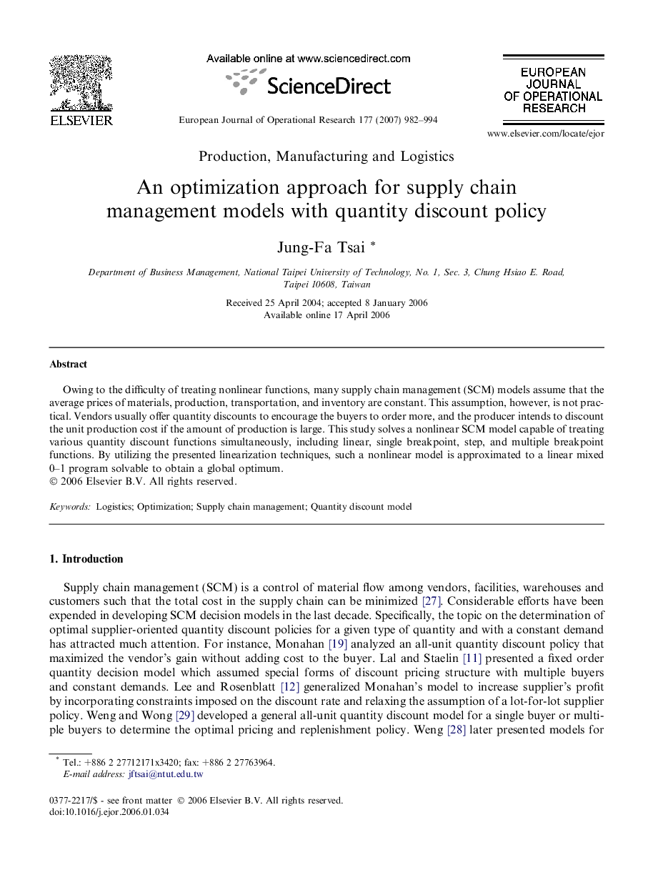 An optimization approach for supply chain management models with quantity discount policy