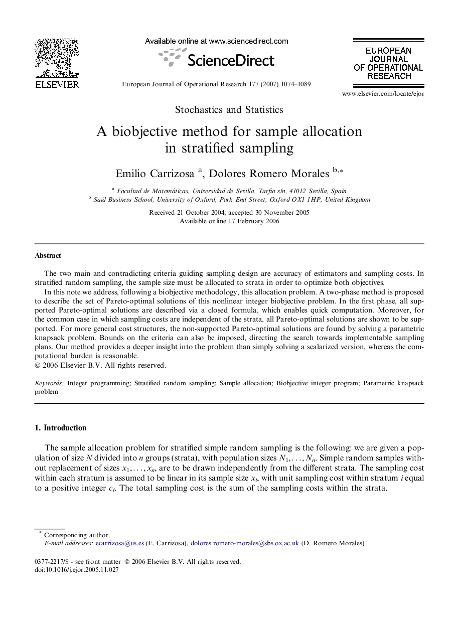 A biobjective method for sample allocation in stratified sampling