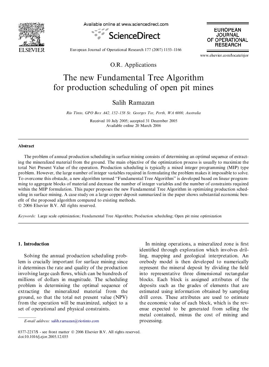 The new Fundamental Tree Algorithm for production scheduling of open pit mines