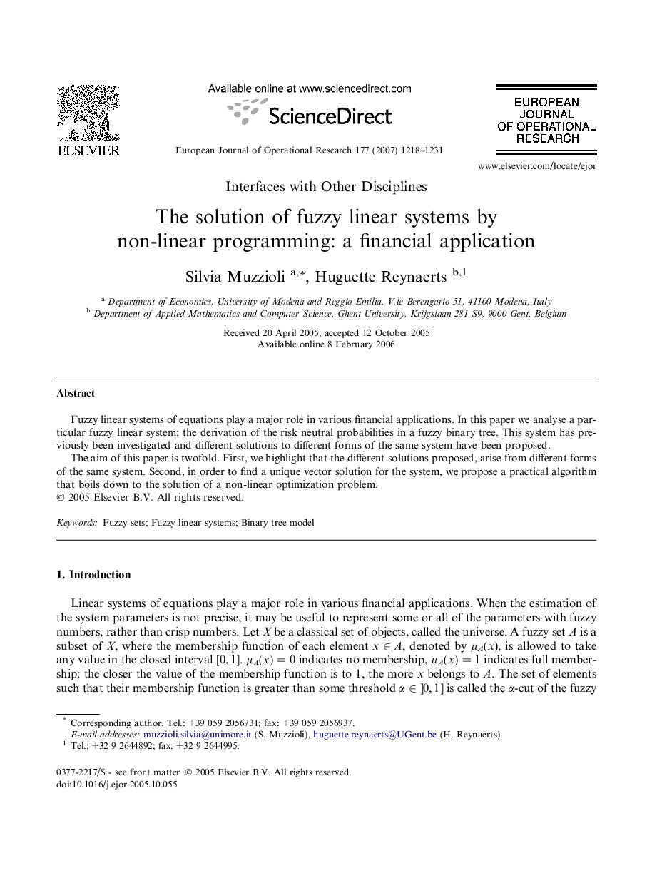 The solution of fuzzy linear systems by non-linear programming: a financial application