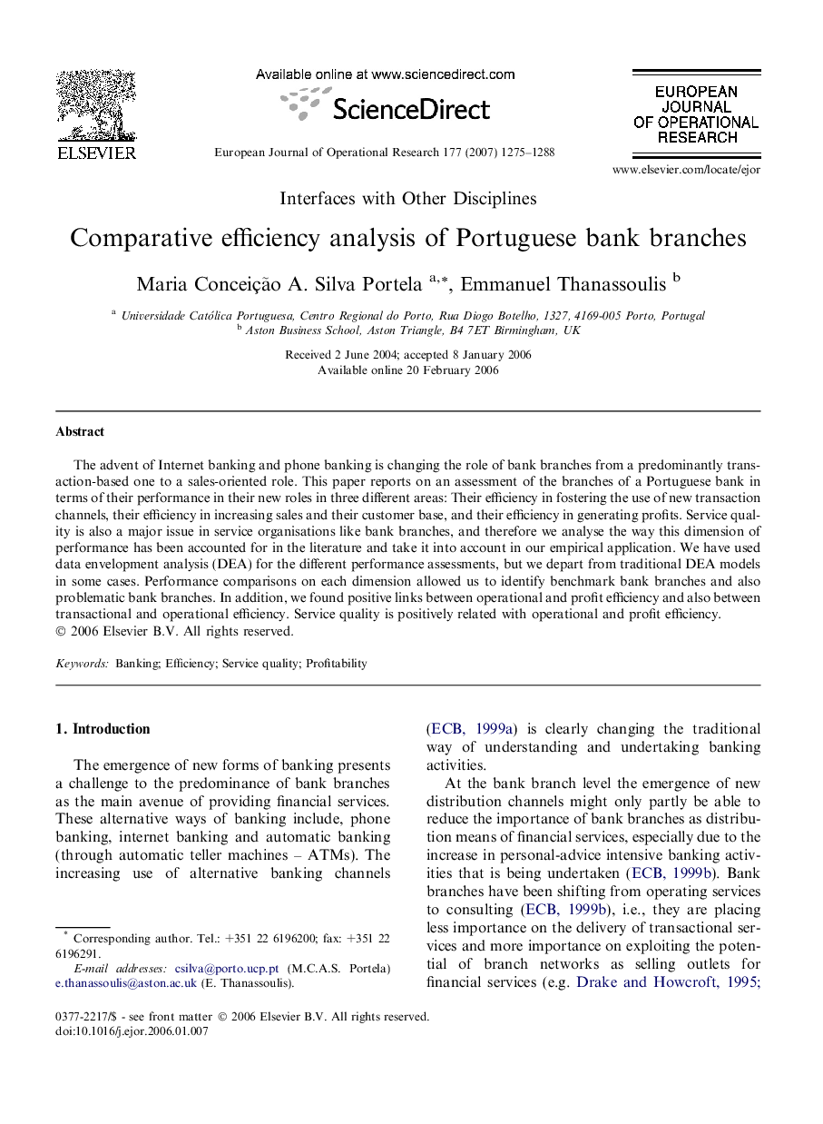 Comparative efficiency analysis of Portuguese bank branches