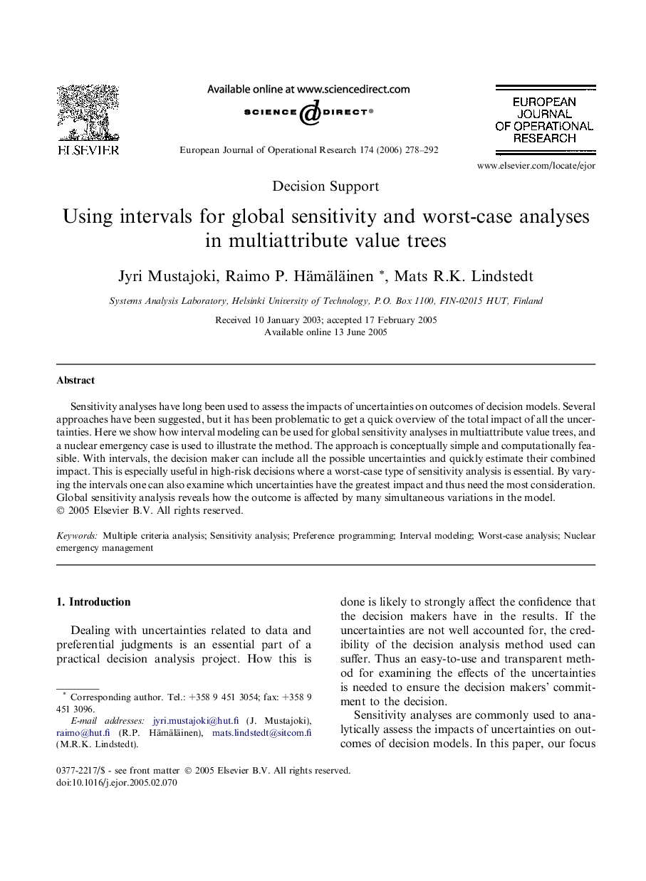 Using intervals for global sensitivity and worst-case analyses in multiattribute value trees