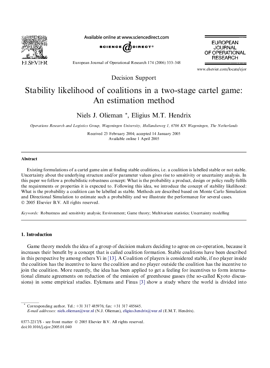 Stability likelihood of coalitions in a two-stage cartel game: An estimation method