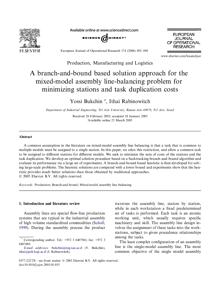 A branch-and-bound based solution approach for the mixed-model assembly line-balancing problem for minimizing stations and task duplication costs