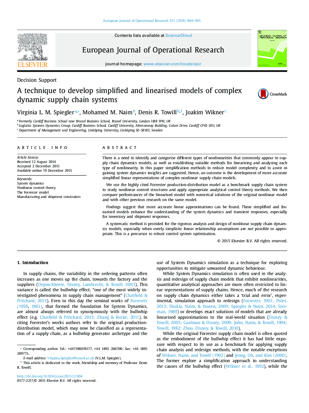 A technique to develop simplified and linearised models of complex dynamic supply chain systems