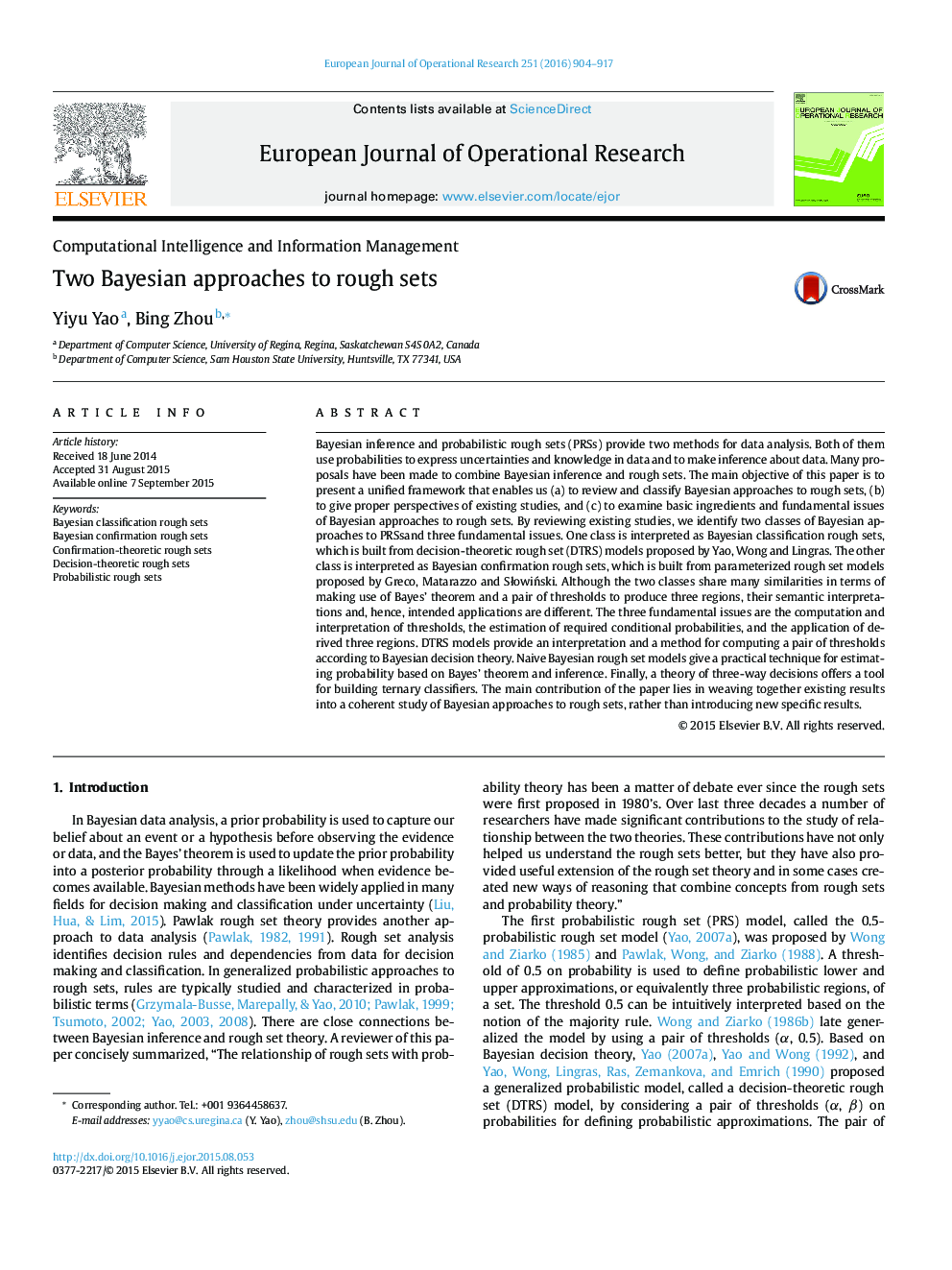 Two Bayesian approaches to rough sets