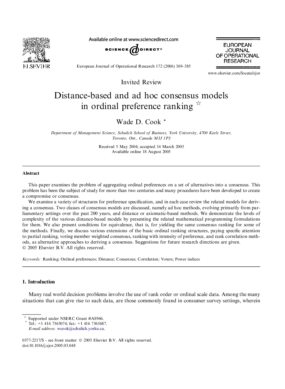 Distance-based and ad hoc consensus models in ordinal preference ranking 