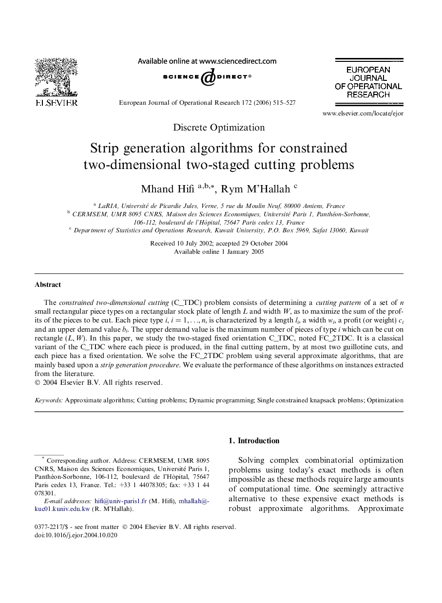 Strip generation algorithms for constrained two-dimensional two-staged cutting problems