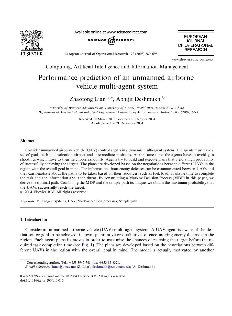 Performance prediction of an unmanned airborne vehicle multi-agent system