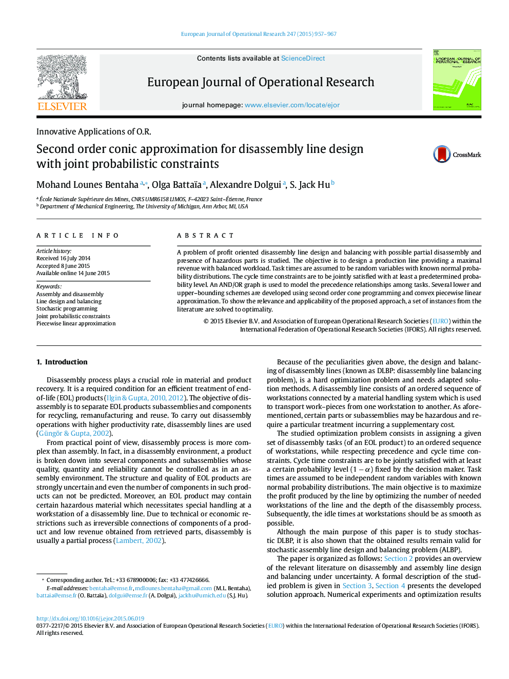 Second order conic approximation for disassembly line design with joint probabilistic constraints