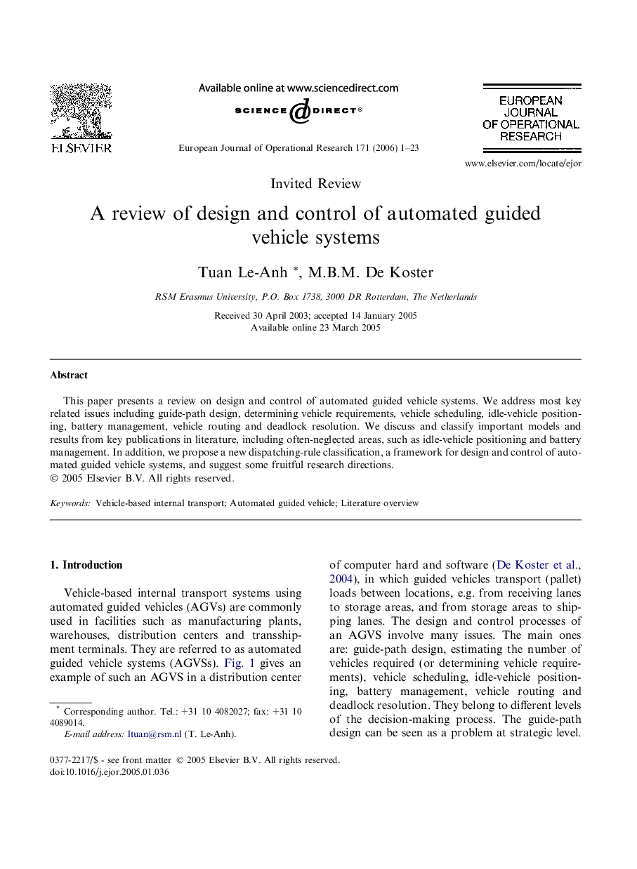 A review of design and control of automated guided vehicle systems