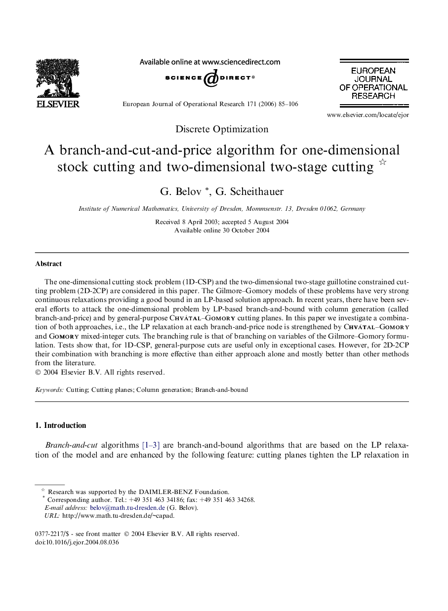 A branch-and-cut-and-price algorithm for one-dimensional stock cutting and two-dimensional two-stage cutting 