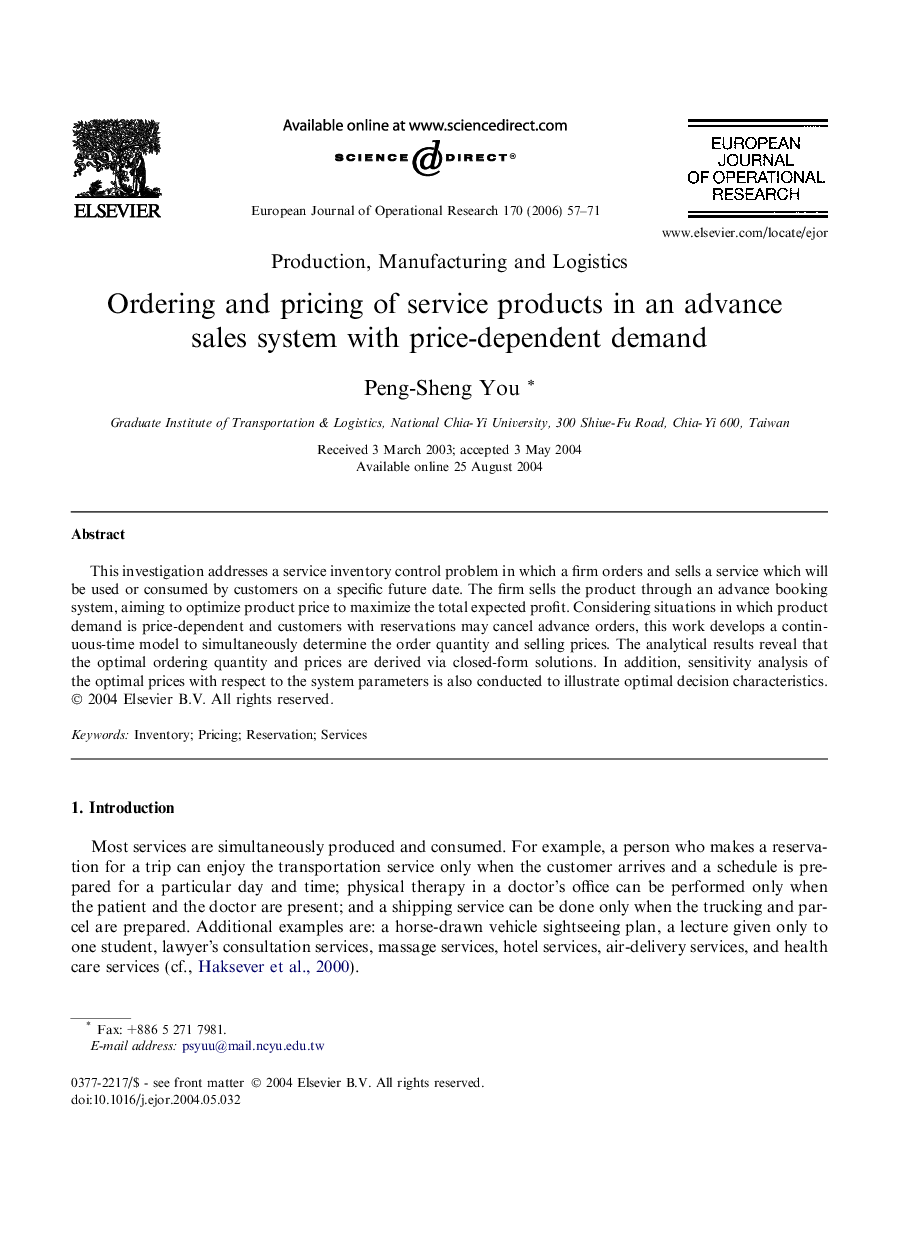 Ordering and pricing of service products in an advance sales system with price-dependent demand