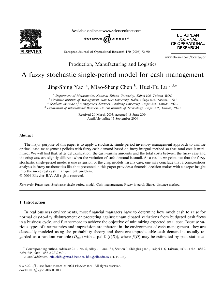 A fuzzy stochastic single-period model for cash management