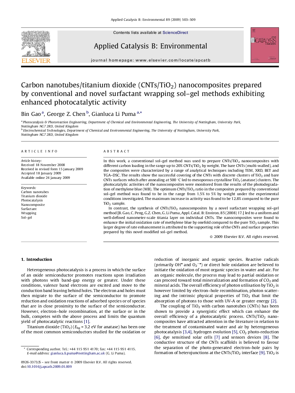 عکس صفحه اول مقاله: Carbon nanotubes/titanium dioxide (CNTs/TiO2) nanocomposites prepared by conventional and novel surfactant wrapping sol–gel methods exhibiting enhanced photocatalytic activity Carbon nanotubes/titanium dioxide (CNTs/TiO2) nanocomposites prepared by conventional and novel surfactant wrapping sol–gel methods exhibiting enhanced photocatalytic activity