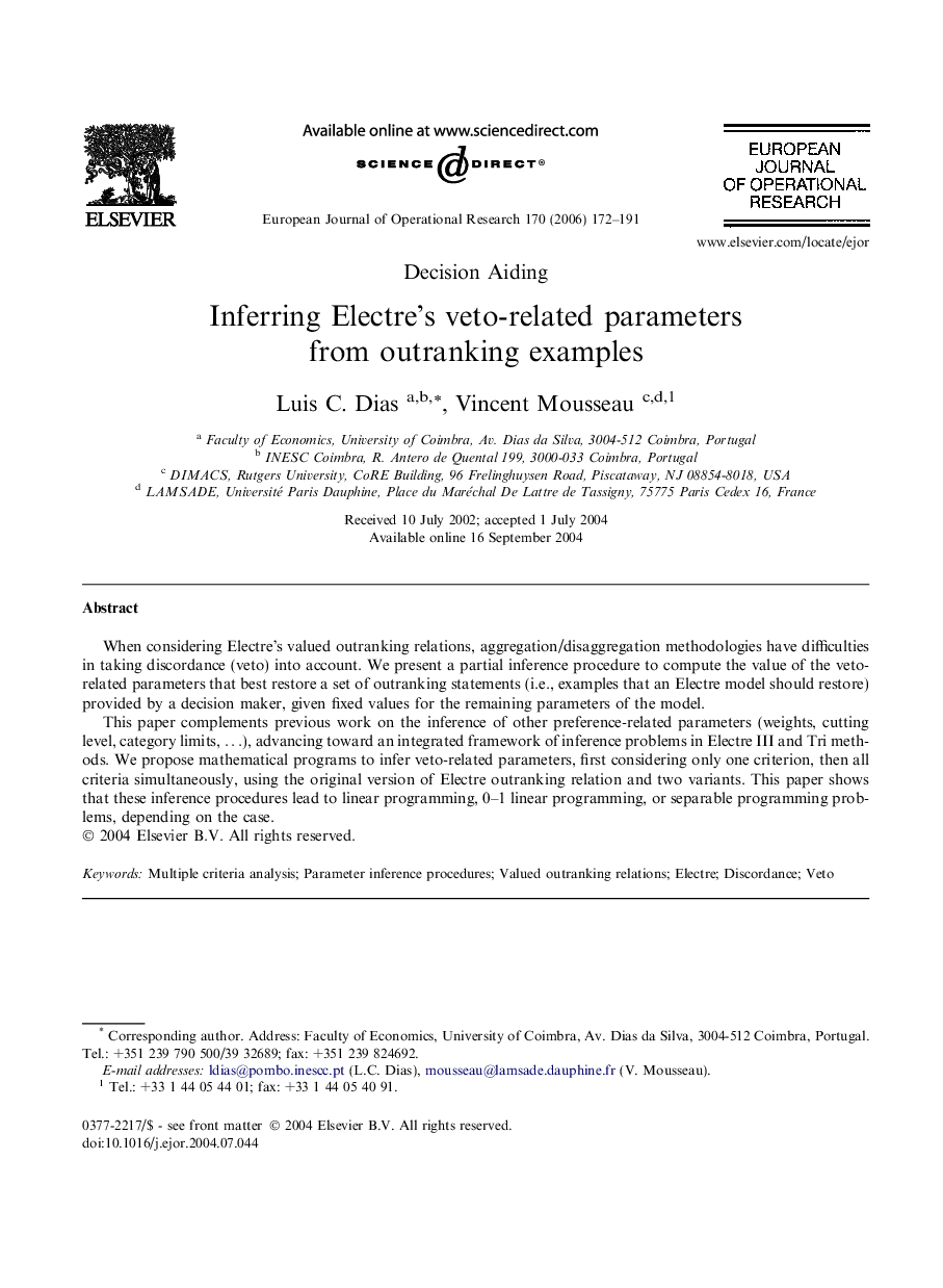 Inferring Electre’s veto-related parameters from outranking examples