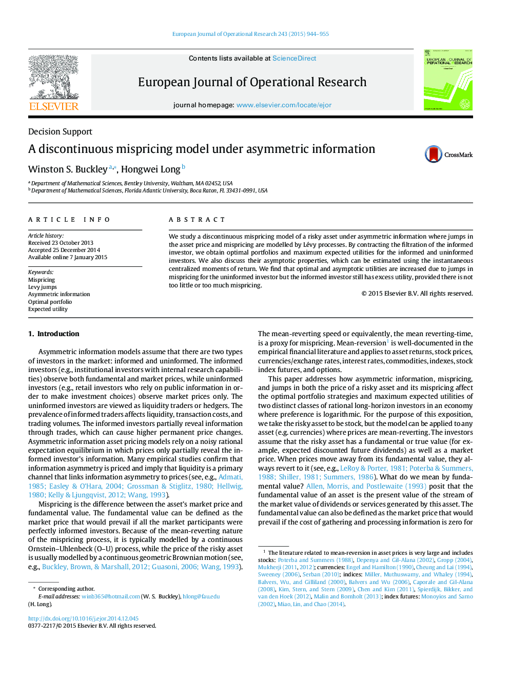 A discontinuous mispricing model under asymmetric information