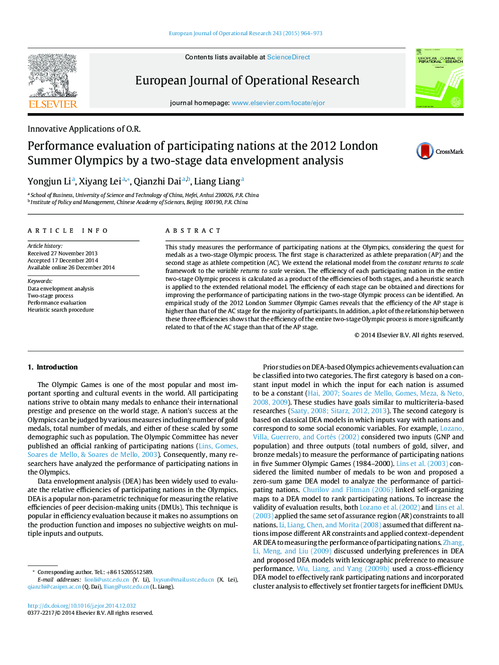 Performance evaluation of participating nations at the 2012 London Summer Olympics by a two-stage data envelopment analysis