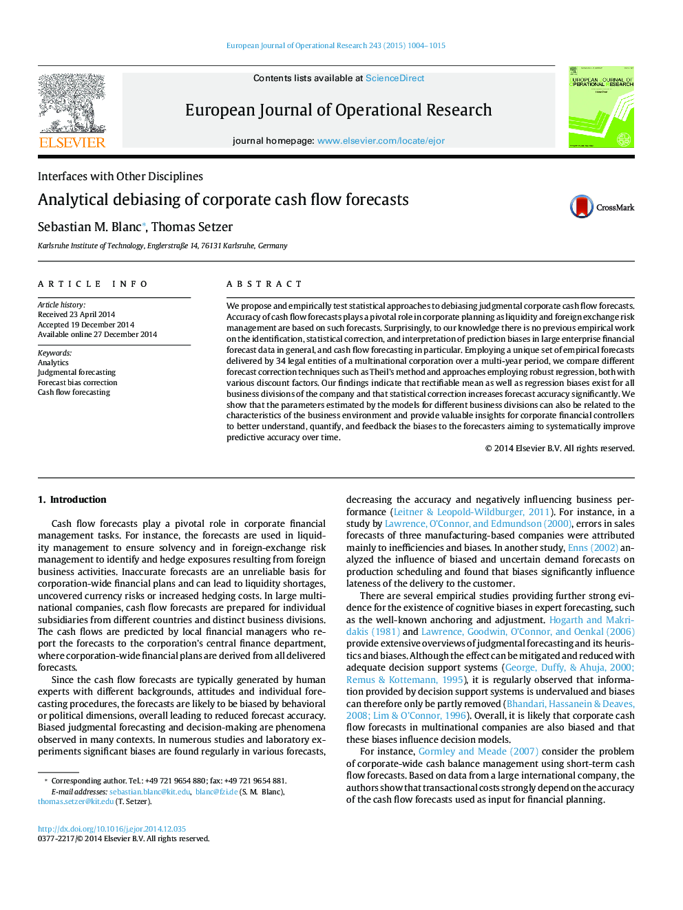 Analytical debiasing of corporate cash flow forecasts