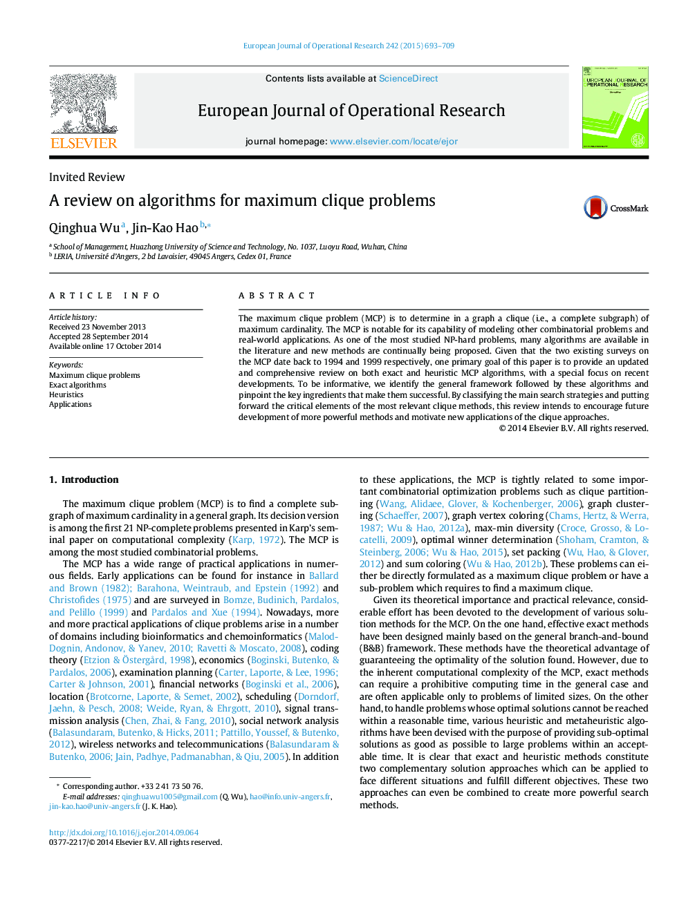 A review on algorithms for maximum clique problems