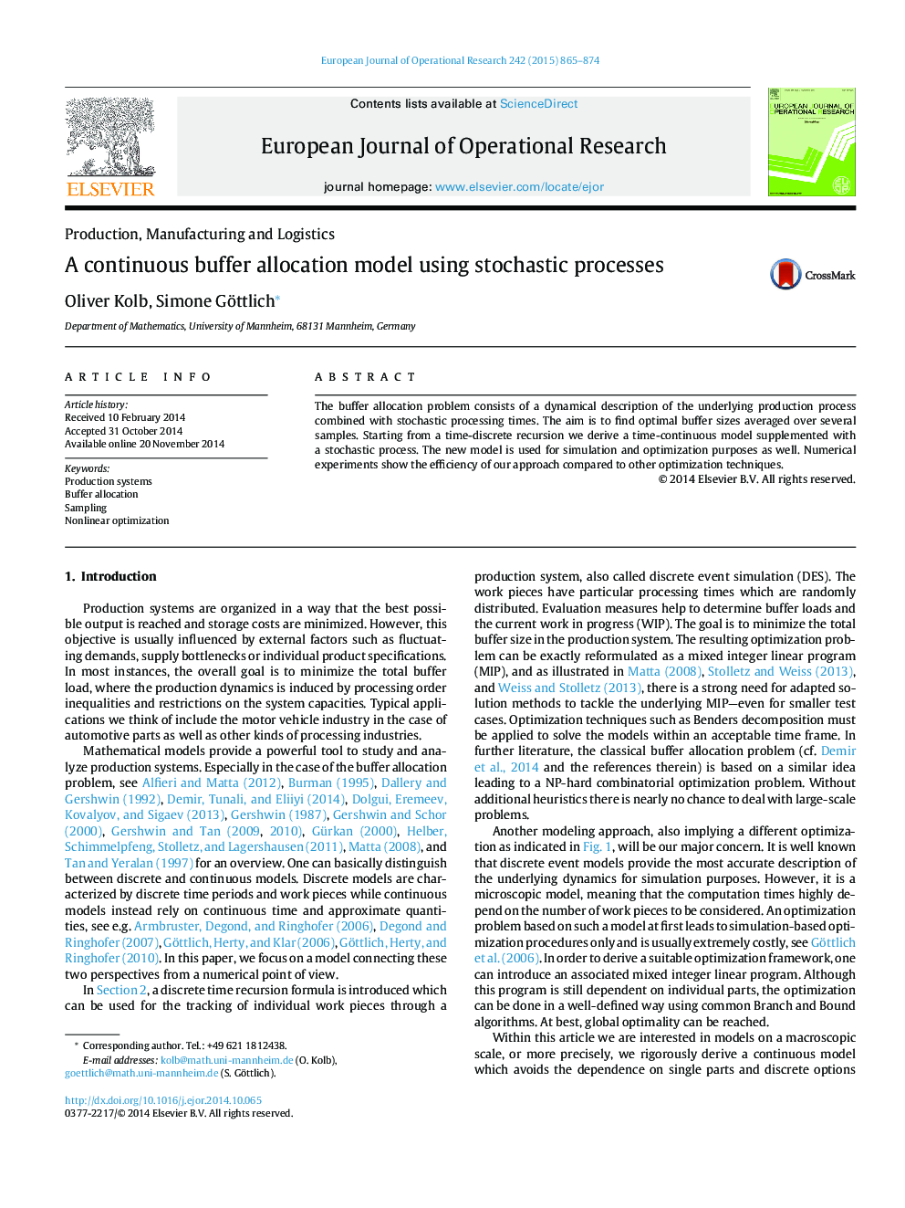 A continuous buffer allocation model using stochastic processes