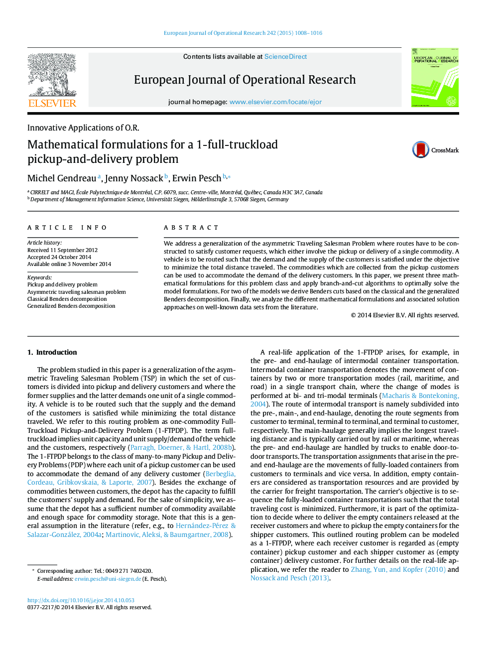 Mathematical formulations for a 1-full-truckload pickup-and-delivery problem