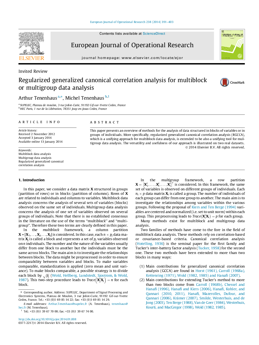 Regularized generalized canonical correlation analysis for multiblock or multigroup data analysis