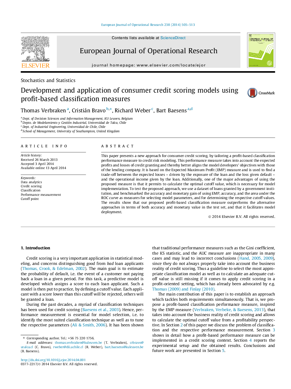 Development and application of consumer credit scoring models using profit-based classification measures