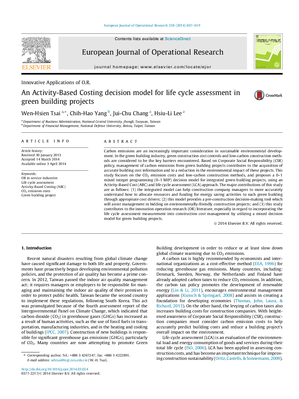 An Activity-Based Costing decision model for life cycle assessment in green building projects