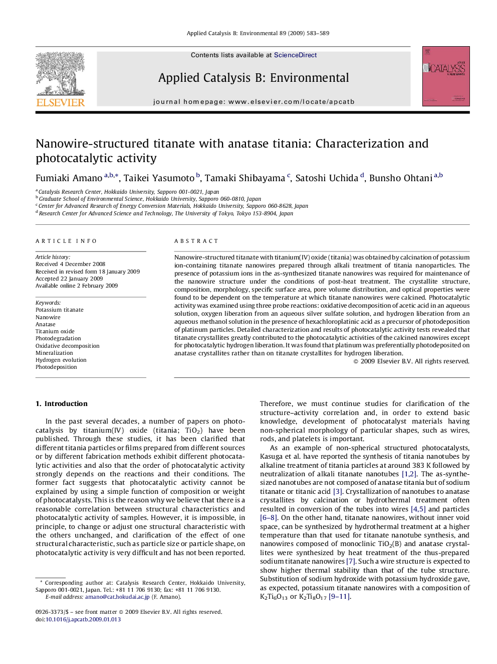 عکس صفحه اول مقاله: Nanowire-structured titanate with anatase titania: Characterization and photocatalytic activity Nanowire-structured titanate with anatase titania: Characterization and photocatalytic activity