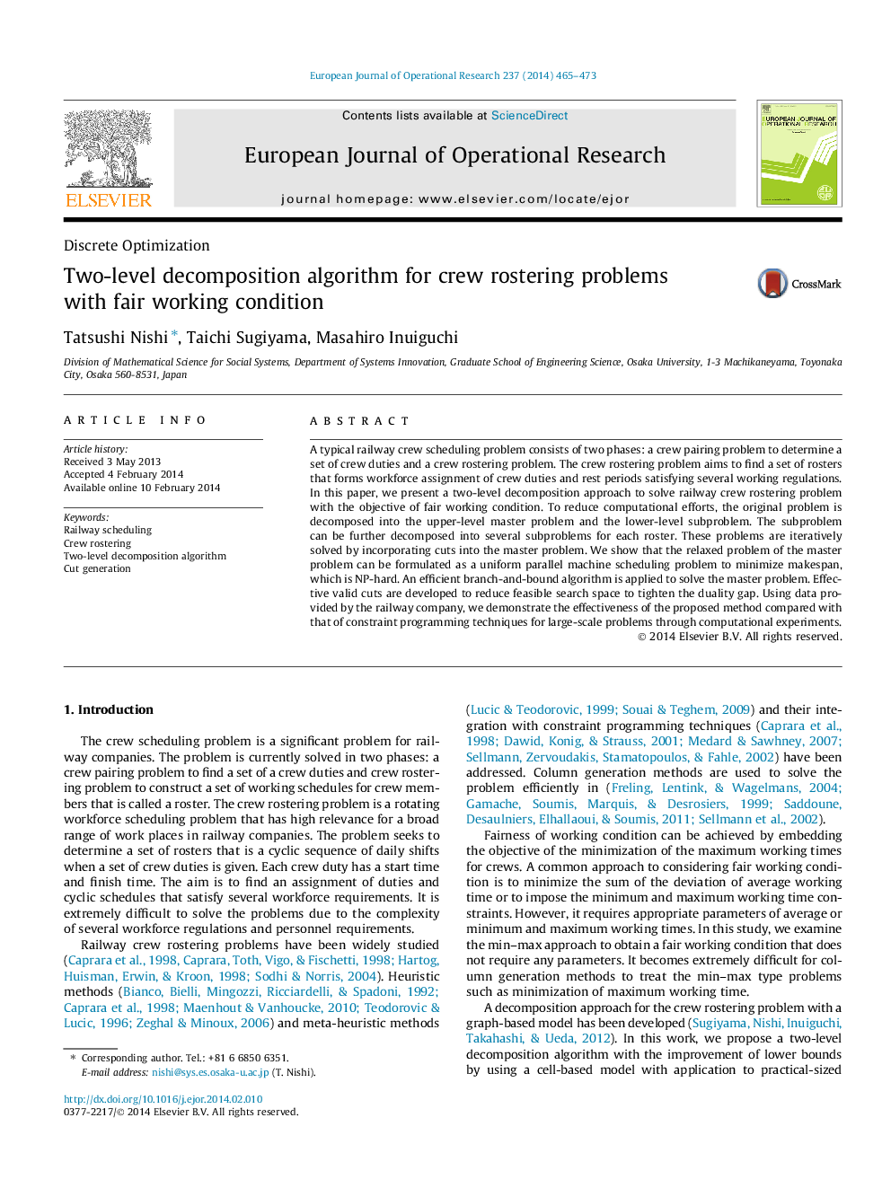 Two-level decomposition algorithm for crew rostering problems with fair working condition