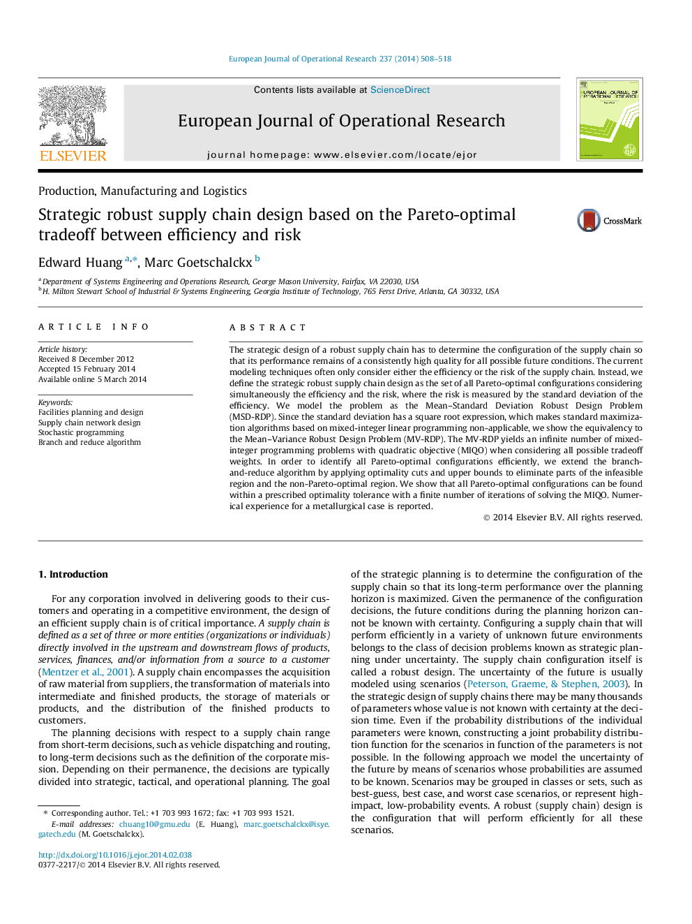 Strategic robust supply chain design based on the Pareto-optimal tradeoff between efficiency and risk