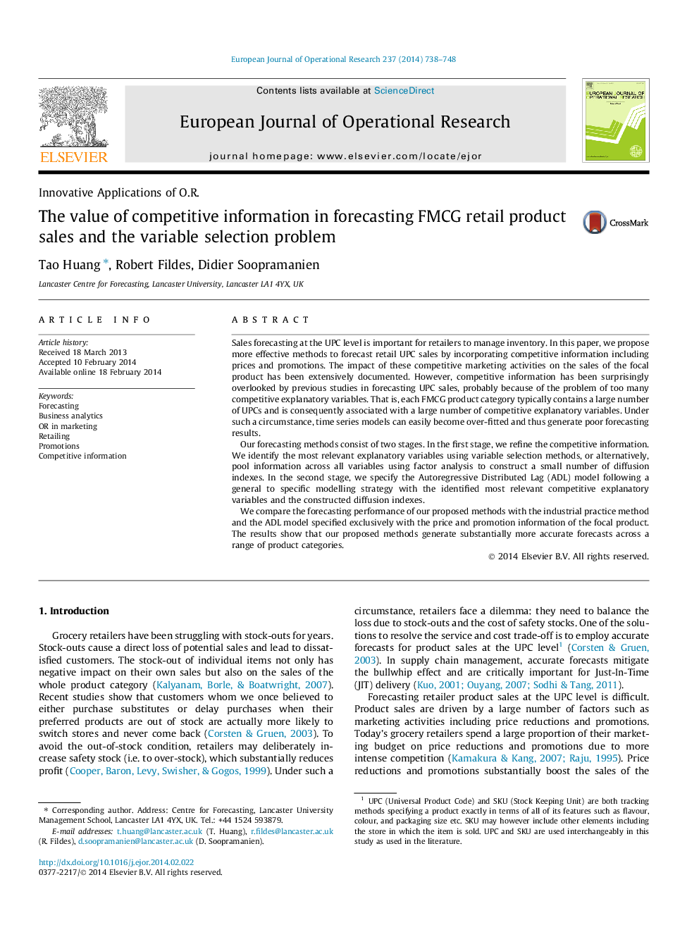 The value of competitive information in forecasting FMCG retail product sales and the variable selection problem