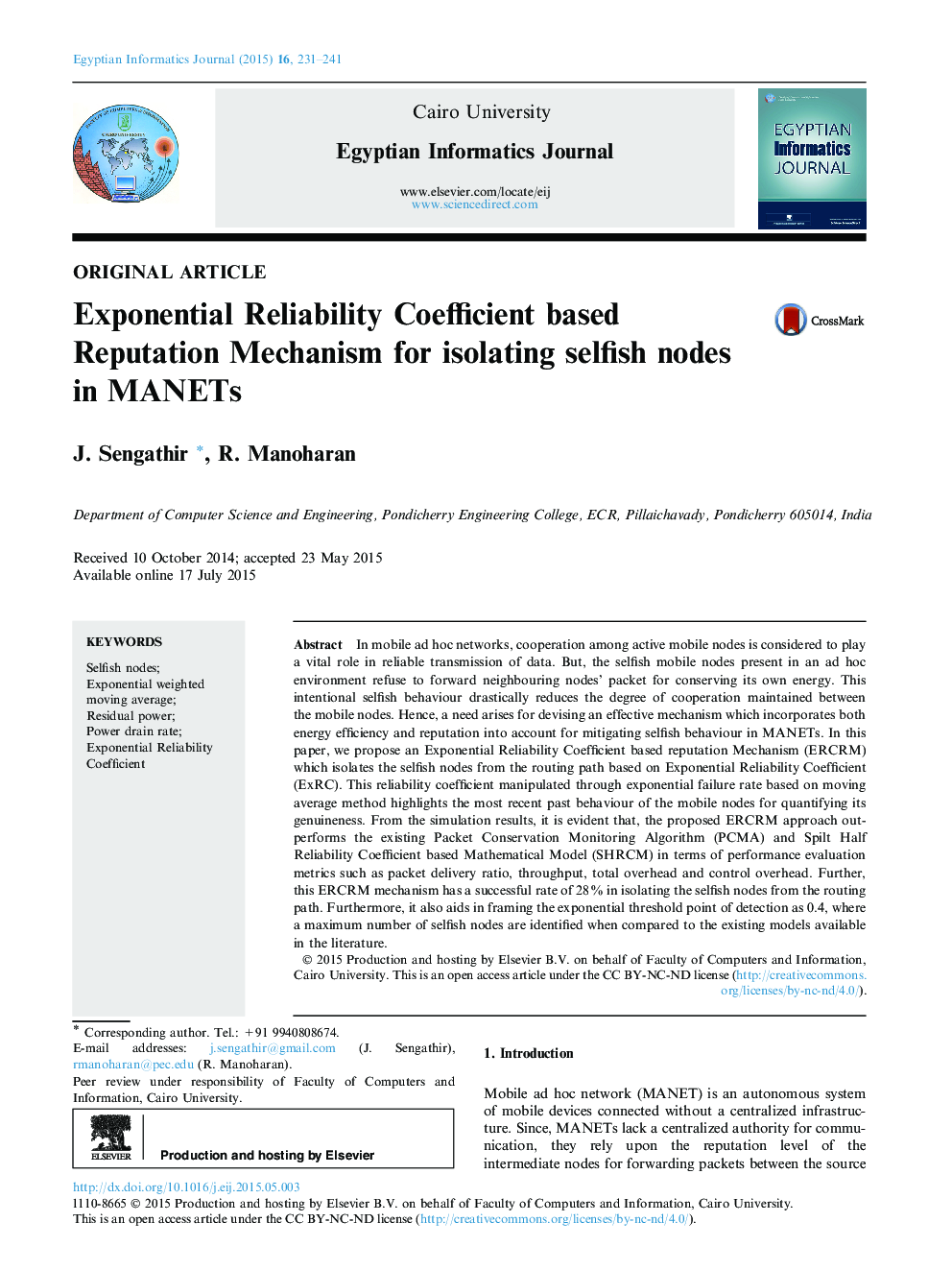 Exponential Reliability Coefficient based Reputation Mechanism for isolating selfish nodes in MANETs 