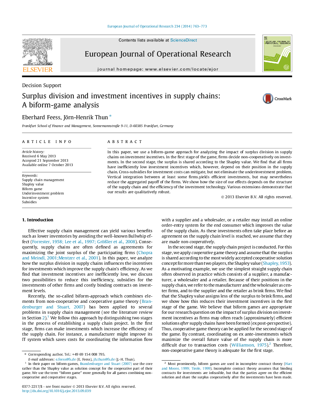 Surplus division and investment incentives in supply chains: A biform-game analysis