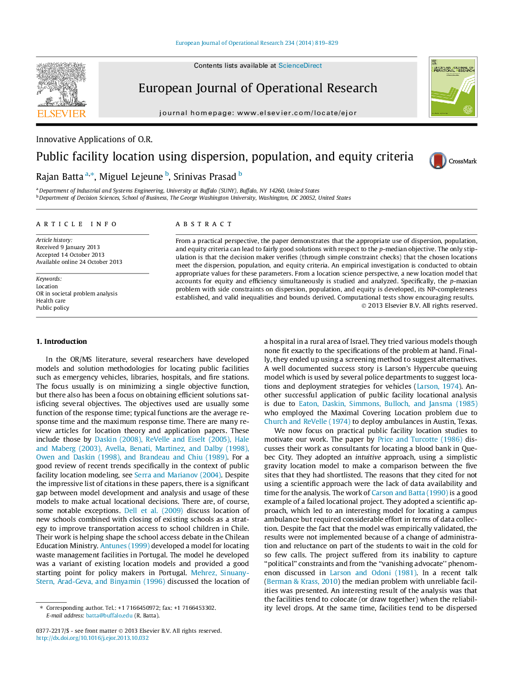 Public facility location using dispersion, population, and equity criteria