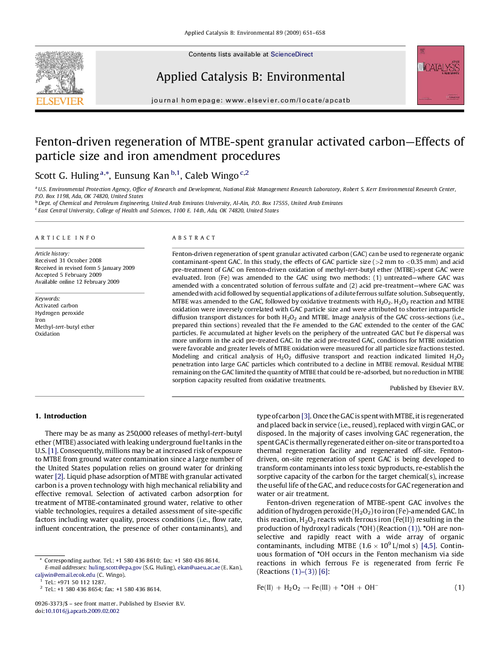 عکس صفحه اول مقاله: Fenton-driven regeneration of MTBE-spent granular activated carbon—Effects of particle size and iron amendment procedures Fenton-driven regeneration of MTBE-spent granular activated carbon—Effects of particle size and iron amendment procedures