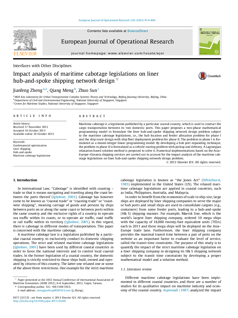 Impact analysis of maritime cabotage legislations on liner hub-and-spoke shipping network design 