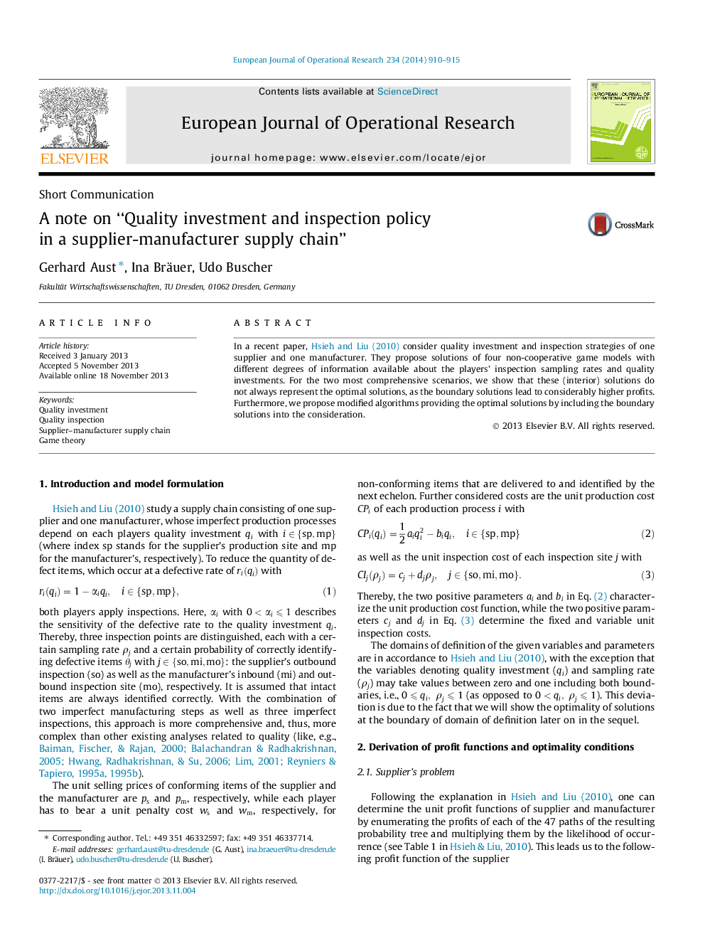 A note on “Quality investment and inspection policy in a supplier-manufacturer supply chain”