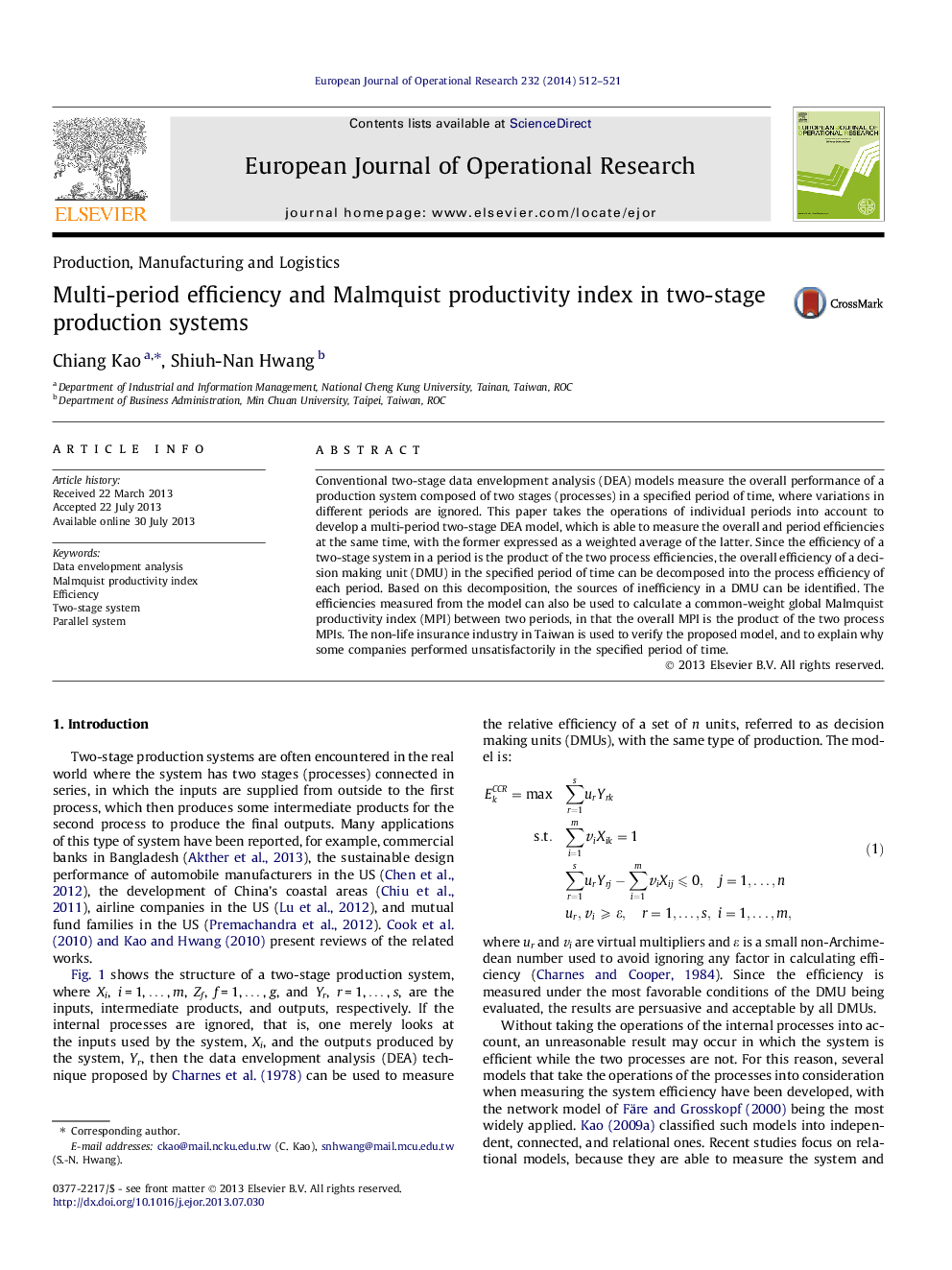 Multi-period efficiency and Malmquist productivity index in two-stage production systems