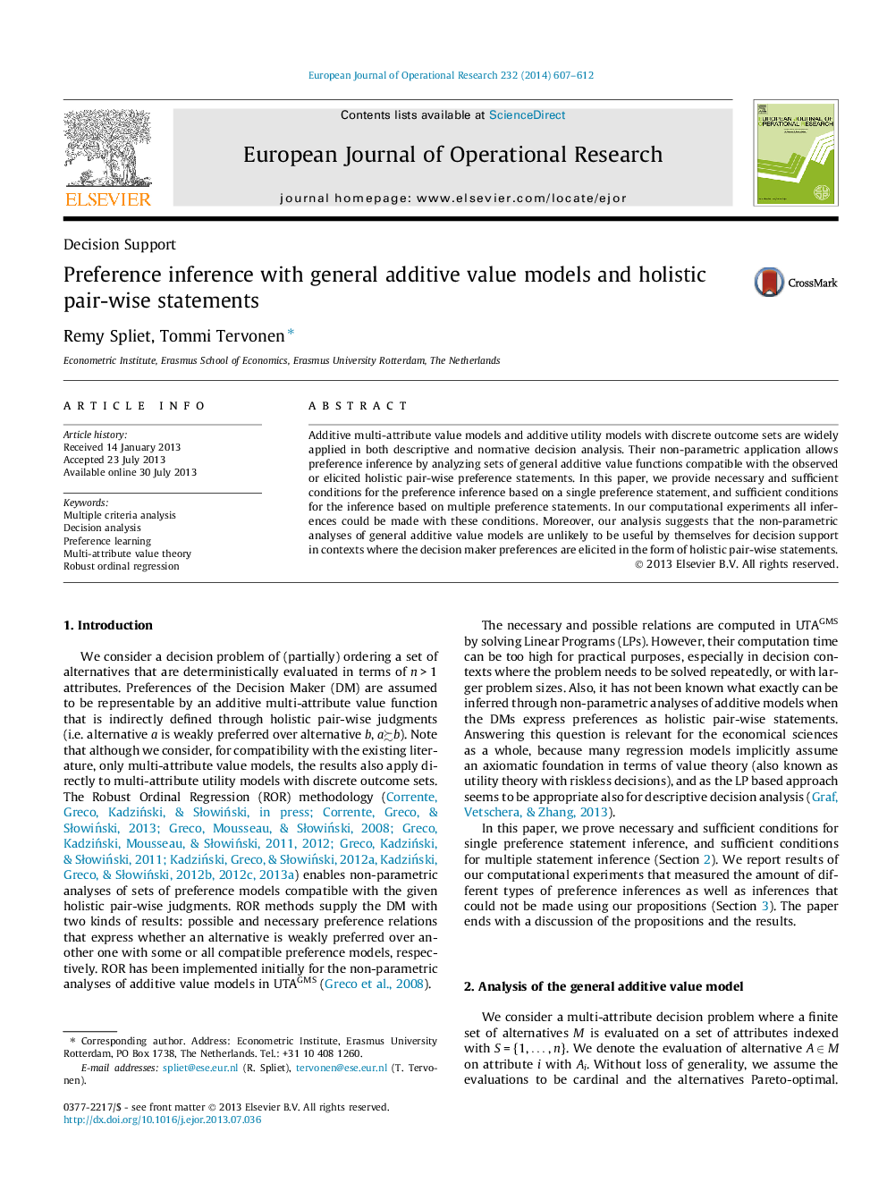 Preference inference with general additive value models and holistic pair-wise statements