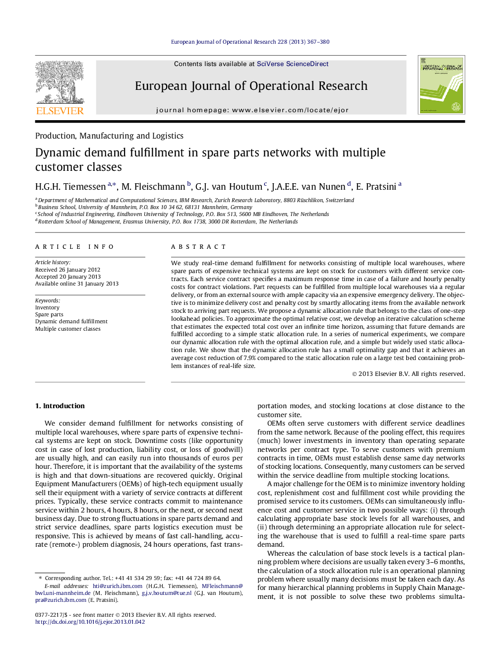 Dynamic demand fulfillment in spare parts networks with multiple customer classes