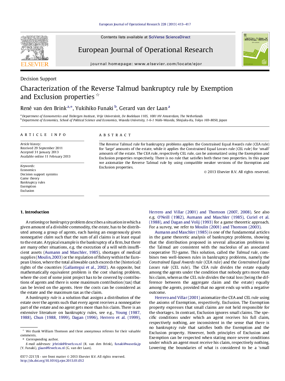 Characterization of the Reverse Talmud bankruptcy rule by Exemption and Exclusion properties 