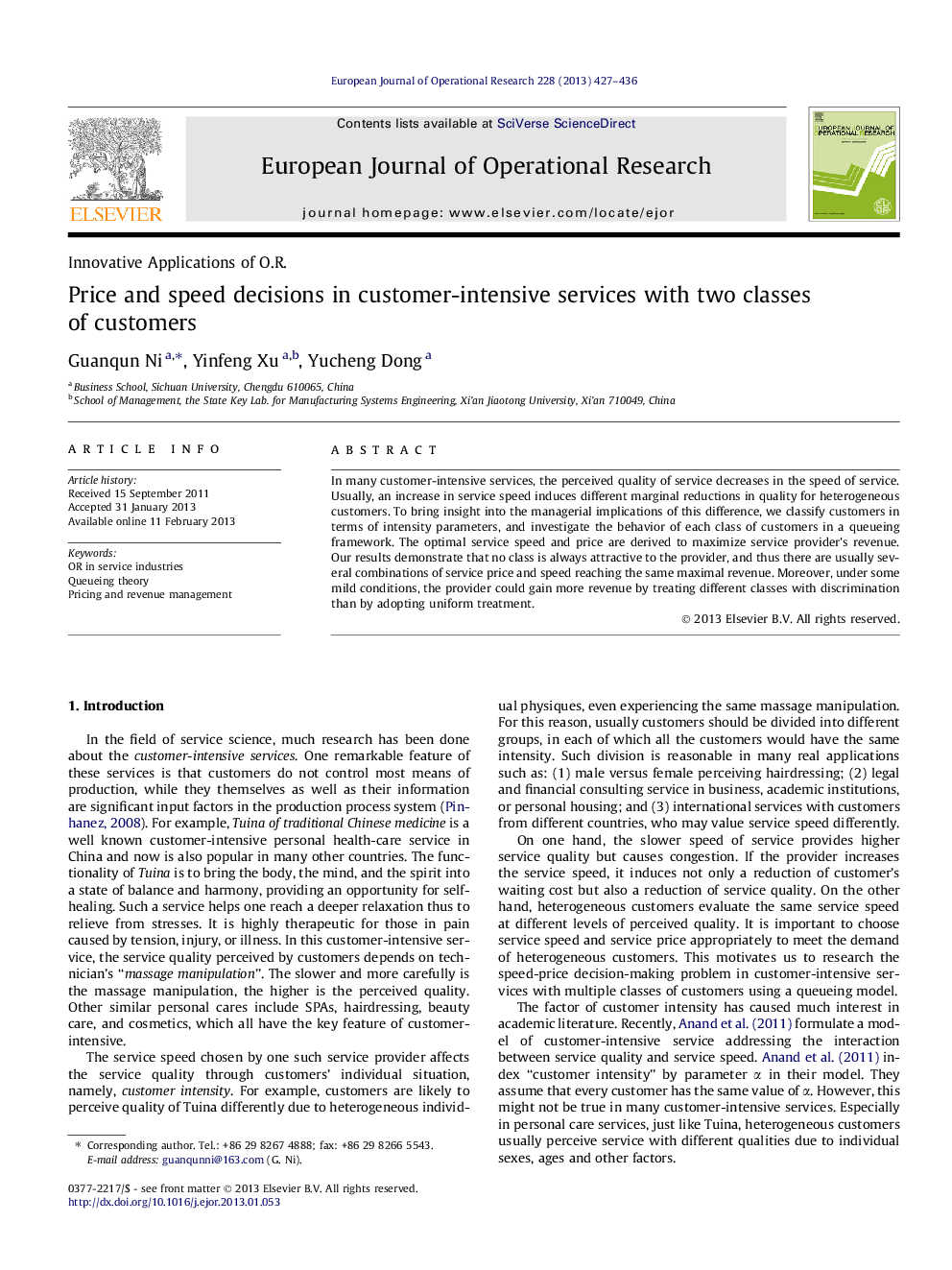 Price and speed decisions in customer-intensive services with two classes of customers