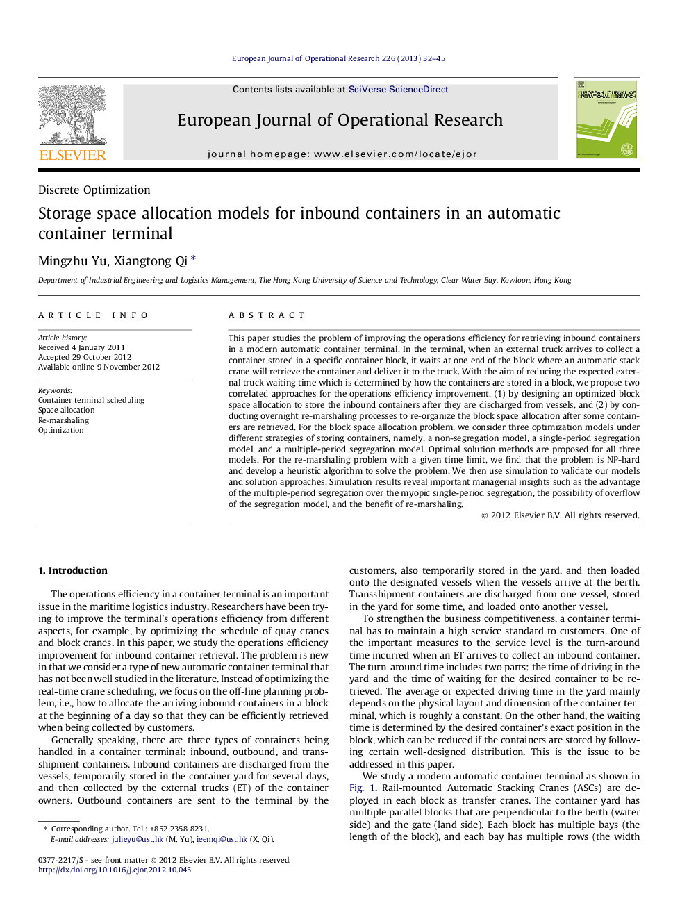 Storage space allocation models for inbound containers in an automatic container terminal