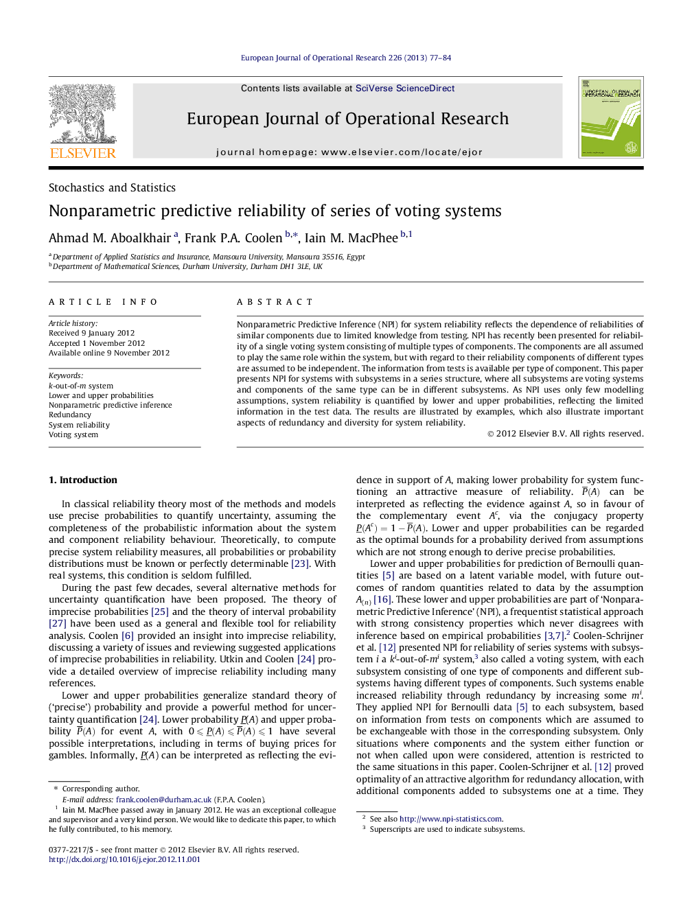 Nonparametric predictive reliability of series of voting systems