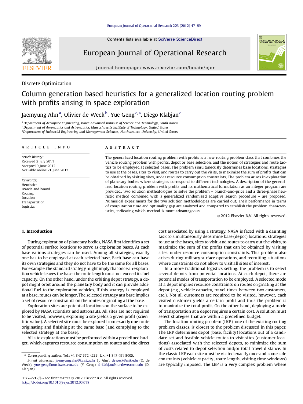 Column generation based heuristics for a generalized location routing problem with profits arising in space exploration