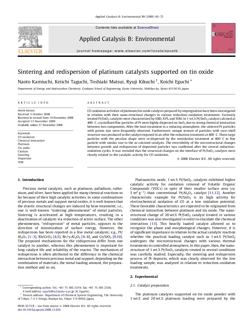 Sintering and redispersion of platinum catalysts supported on tin oxide