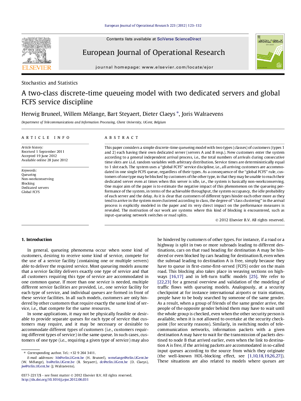 A two-class discrete-time queueing model with two dedicated servers and global FCFS service discipline